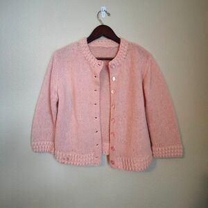 Vintage Handmade Pink Knit Cardigan Cropped 3/4 Sleeve Coquette Cottagecore M
